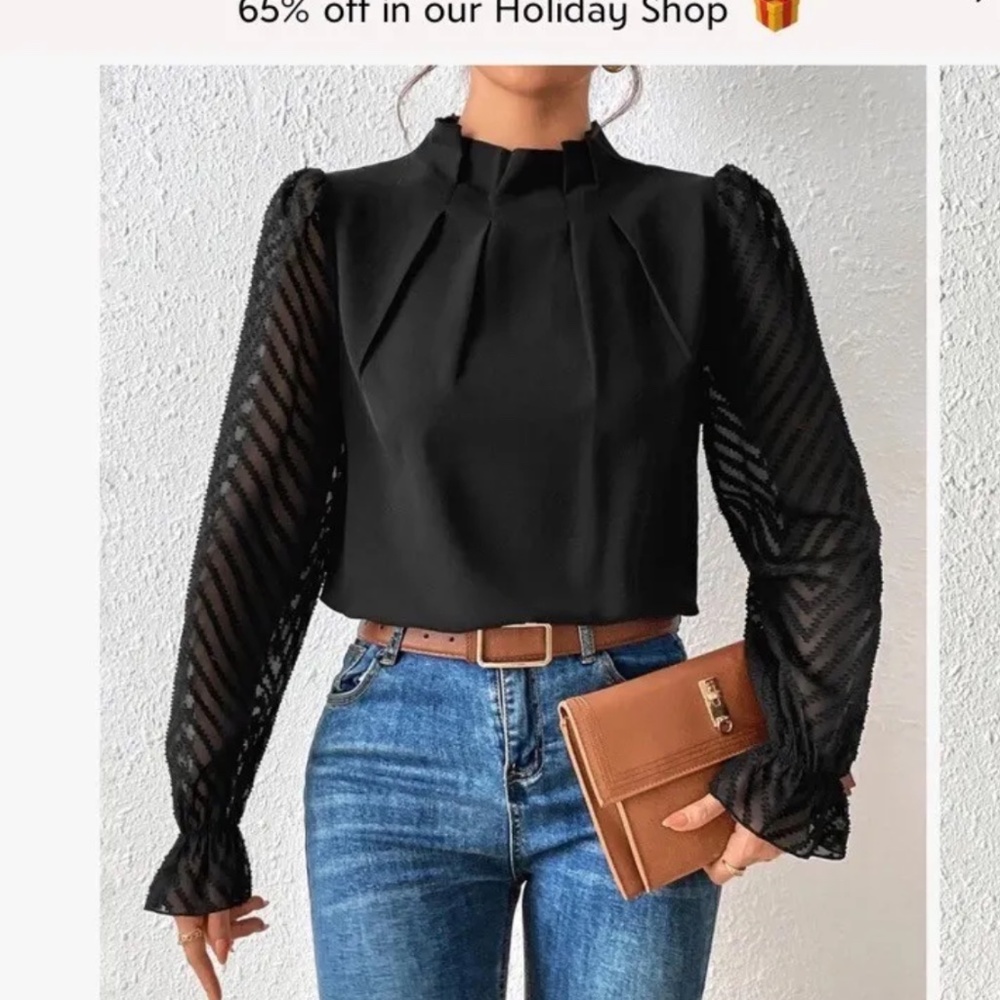 Black Poet-Sleeve Mock Neck Top-Women’s Size Medium. New.